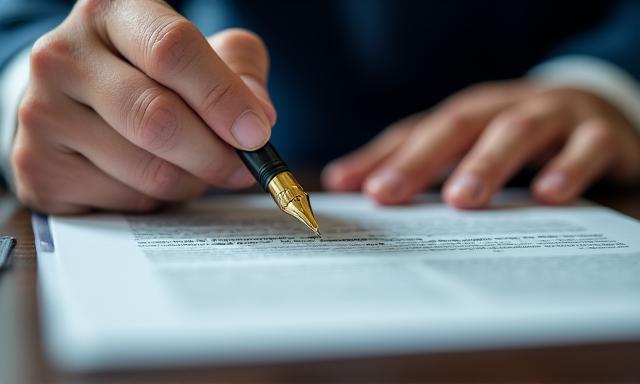 Close up of a legal contract being signed in a professional setting
